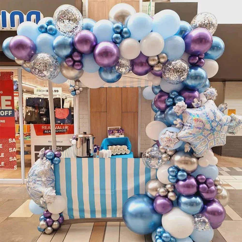 Blue Purple Sliver White Snowflake Balloons Garland Arch Kit for