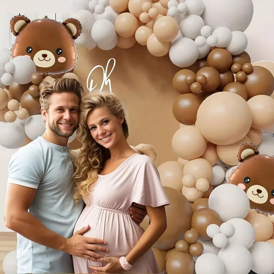 142pcs Cartoon Bear Khaki White Skin Latex Balloons Garland Arch Kit