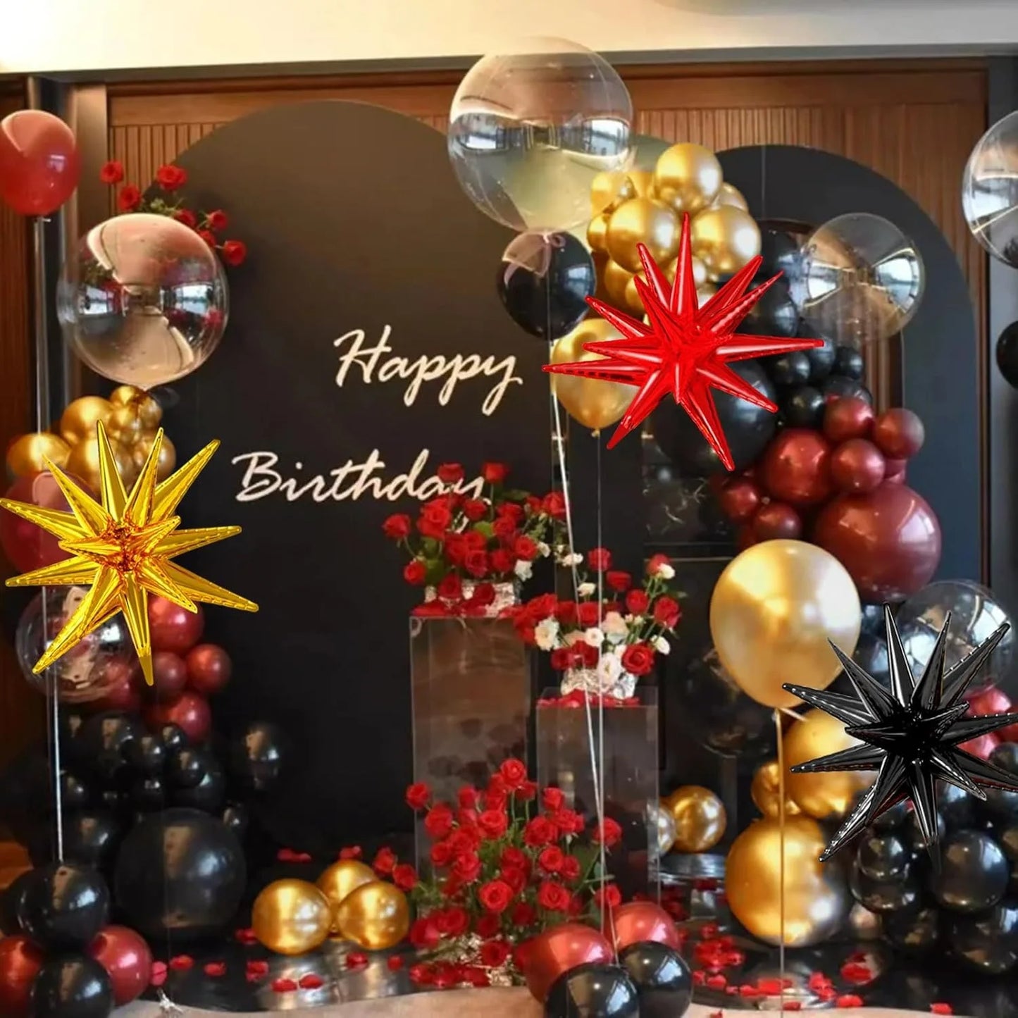 137Pcs Red Black and Gold Confetti with Starburst Balloons Garland