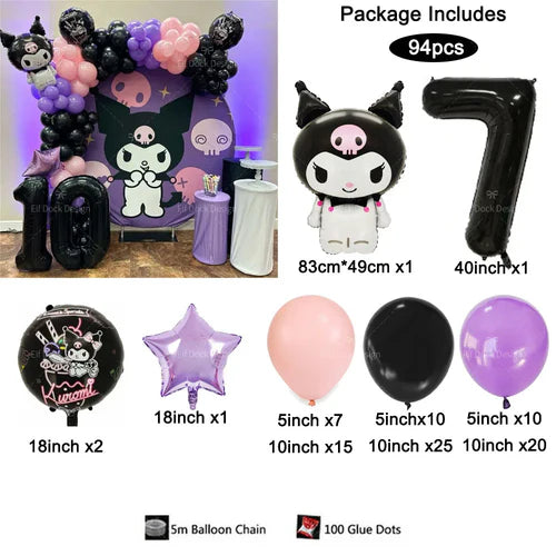 94PCS Kuromi Themed Balloons Garland Arch Kit for Girl Birthday Party