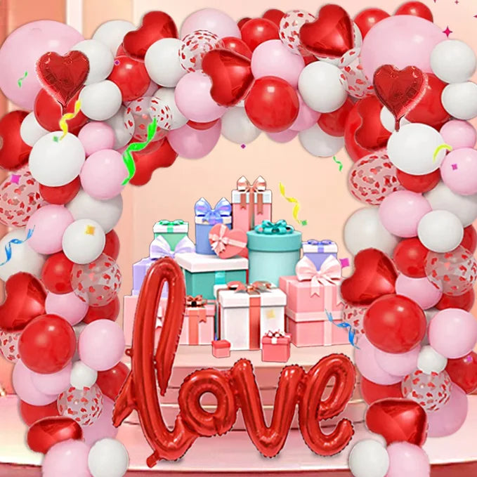 128Pcs Valentine's Day Red and Pink Heart-Shaped Foil Balloon Garland