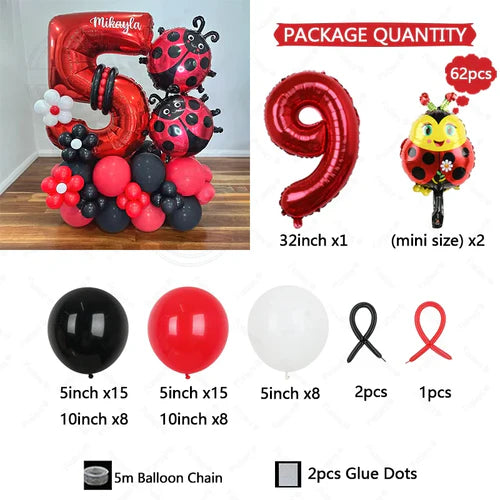 62pcs LadyBug Foil Balloons Garland Arch Kit Red Number Foil Ballon