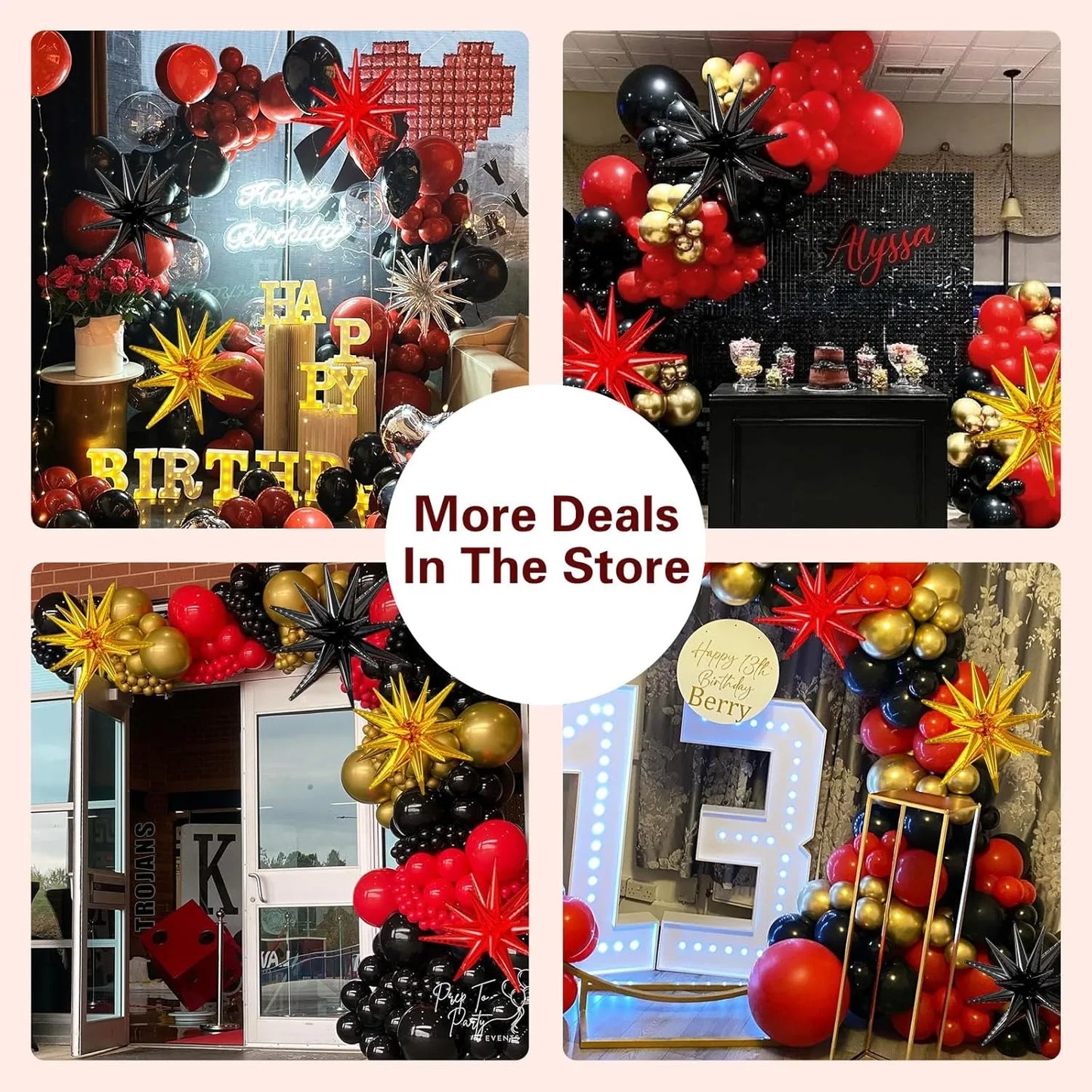 137Pcs Red Black and Gold Confetti with Starburst Balloons Garland