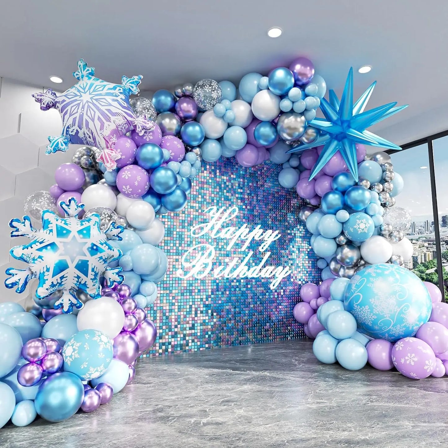 Blue Purple Sliver White Snowflake Balloons Garland Arch Kit for