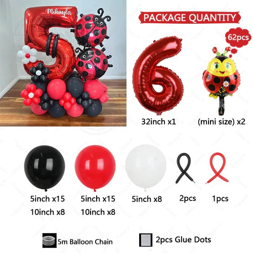 62pcs LadyBug Foil Balloons Garland Arch Kit Red Number Foil Ballon