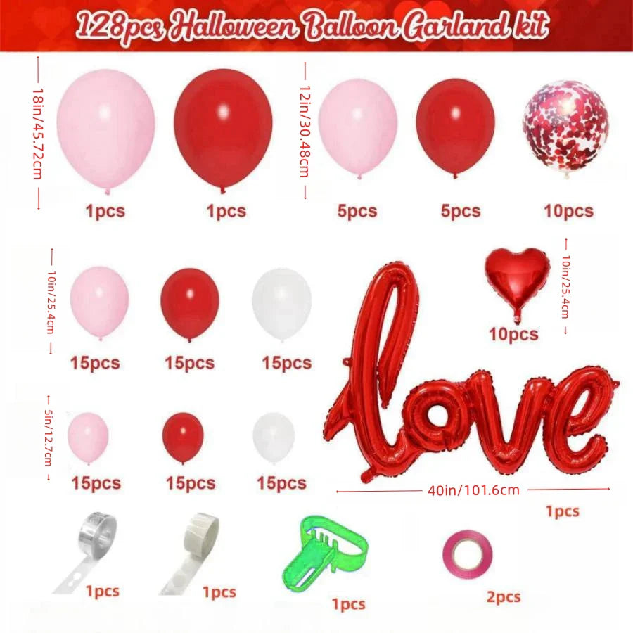 128Pcs Valentine's Day Red and Pink Heart-Shaped Foil Balloon Garland