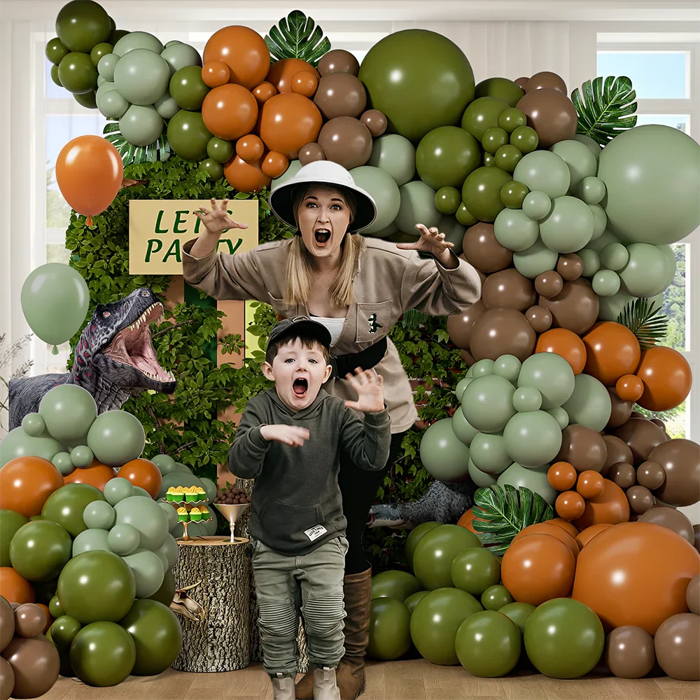 136Pcs Dinosaur Balloon Garland Arch Kit Brown Orange Sage Green Latxe