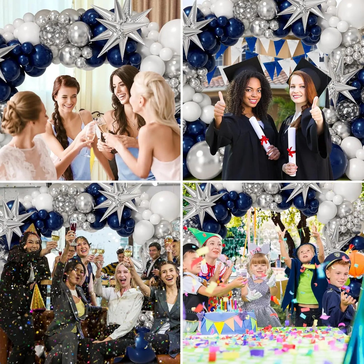 106Pcs  Navy Blue and Silver Balloon Garland Arch Kit Silver Confetti