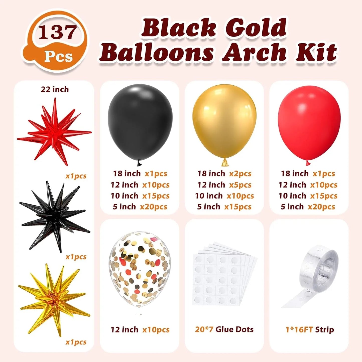 137Pcs Red Black and Gold Confetti with Starburst Balloons Garland