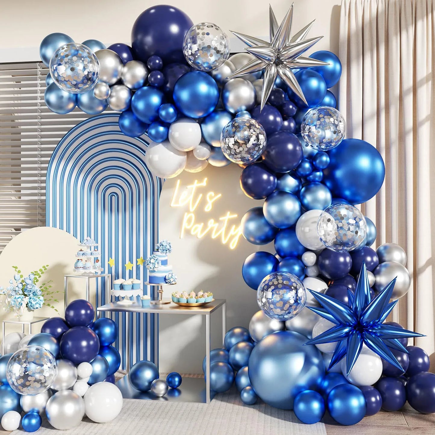 Blue White Silver Balloon Garland Arch Kit 137Pcs Navy Light Metallic