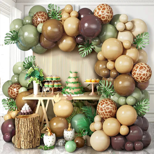 129-Piece Sage Green and Brown Wildlife-Themed Balloon Garland Set,