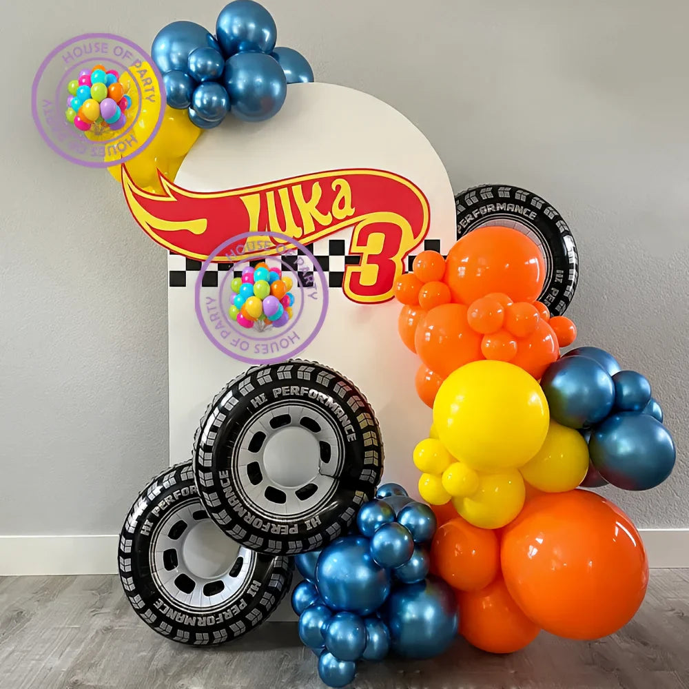 Racing Theme Balloons Arch Garland Yellow Orange Balloons Wheels Foil