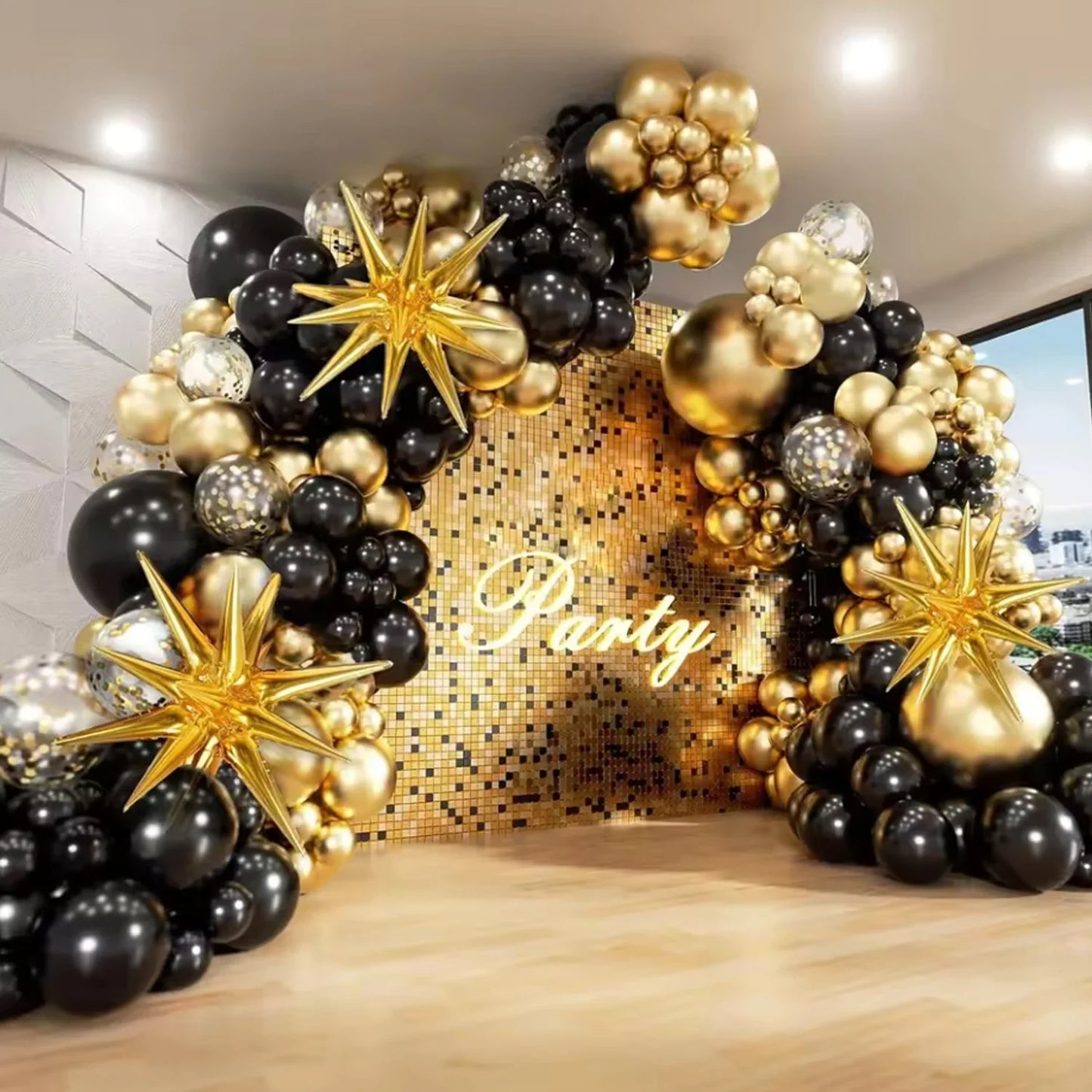 Black and Gold Balloons Garland Arch Kit with Starburst Foil Balloons