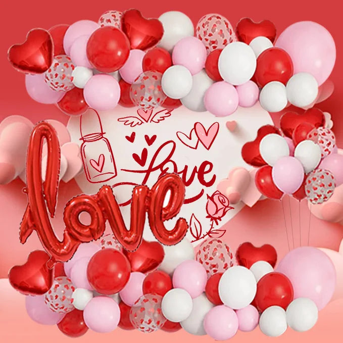 128Pcs Valentine's Day Red and Pink Heart-Shaped Foil Balloon Garland