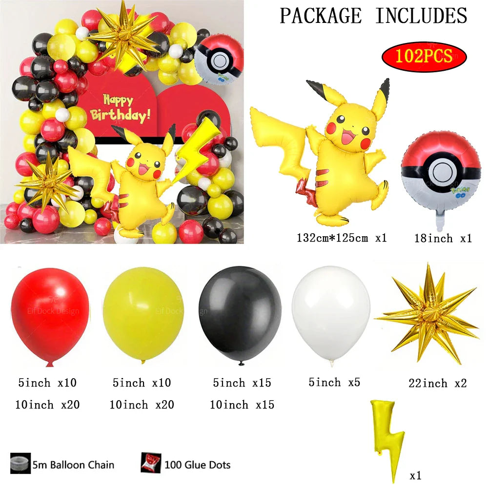 102Pcs Pokemon Pikachu Balloon Garland Arch Kit Red Yellow Black Latex