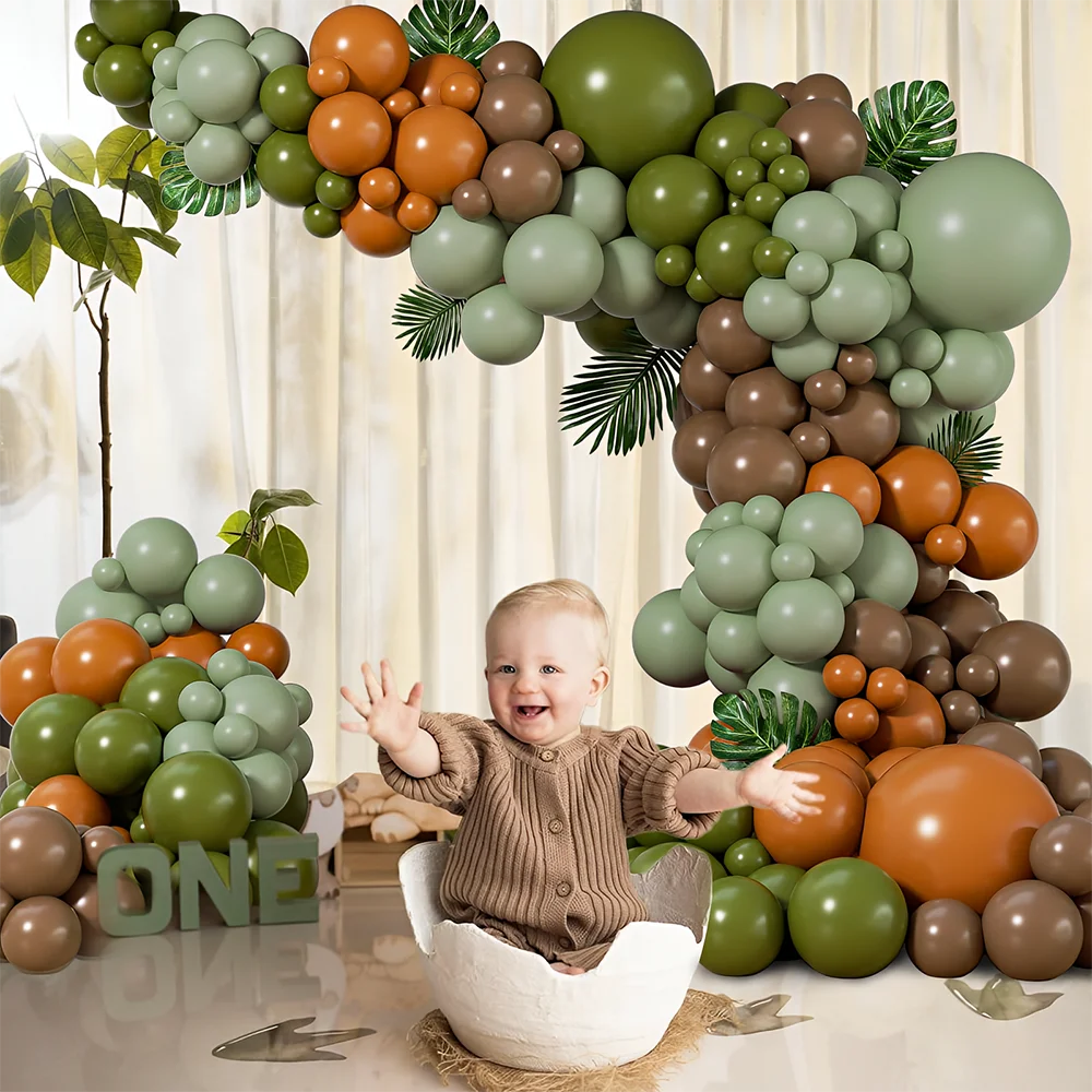 136Pcs Dinosaur Balloon Garland Arch Kit Brown Orange Sage Green Latxe