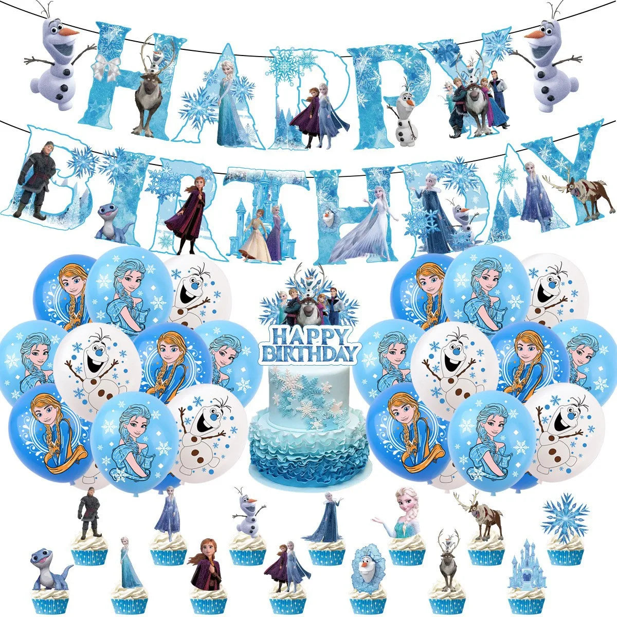 Frozen Theme Party Balloon Set Elsa HAPPY BIRTHDAY Paper Banner DIY Cake Toppers 12inch Latex Balloon Birthday Party Decorations