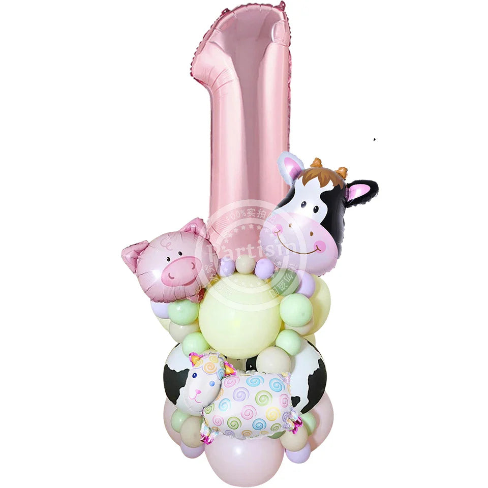 27PCS Carton Farm Animal Balloon Tower 32inch Foil Number Balloon Girl's Farm Animal Birthday Party Supply DIY Party Decoration