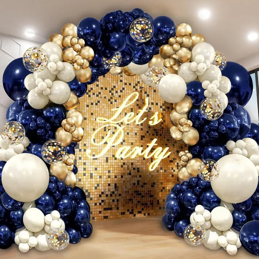 Navy Blue Gold Balloon Garland Arch Kit with Double Stuffed Pearl White Royal Blue Chrome Gold Confetti Balloons for New Year G
