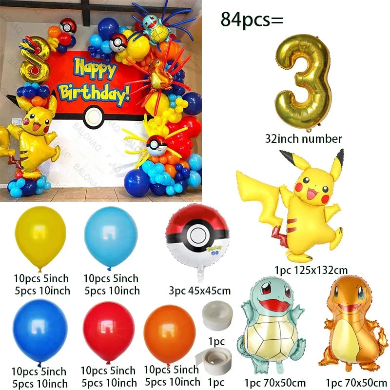 84pcs Pikachu Party Balloons Garland Arch Kit Pokemon Theme Birthday Party Decor Supplies Pikachu Squirtle Bulbasaur Pocket Ball
