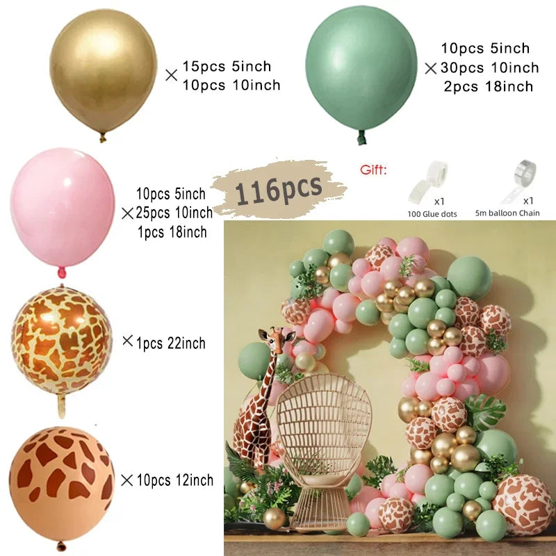Sage Green Brown Wildlife Themed Balloon Garland Arch Kit Deer Print for Jungle Safari Kid Birthday Baby Shower Party Decoration