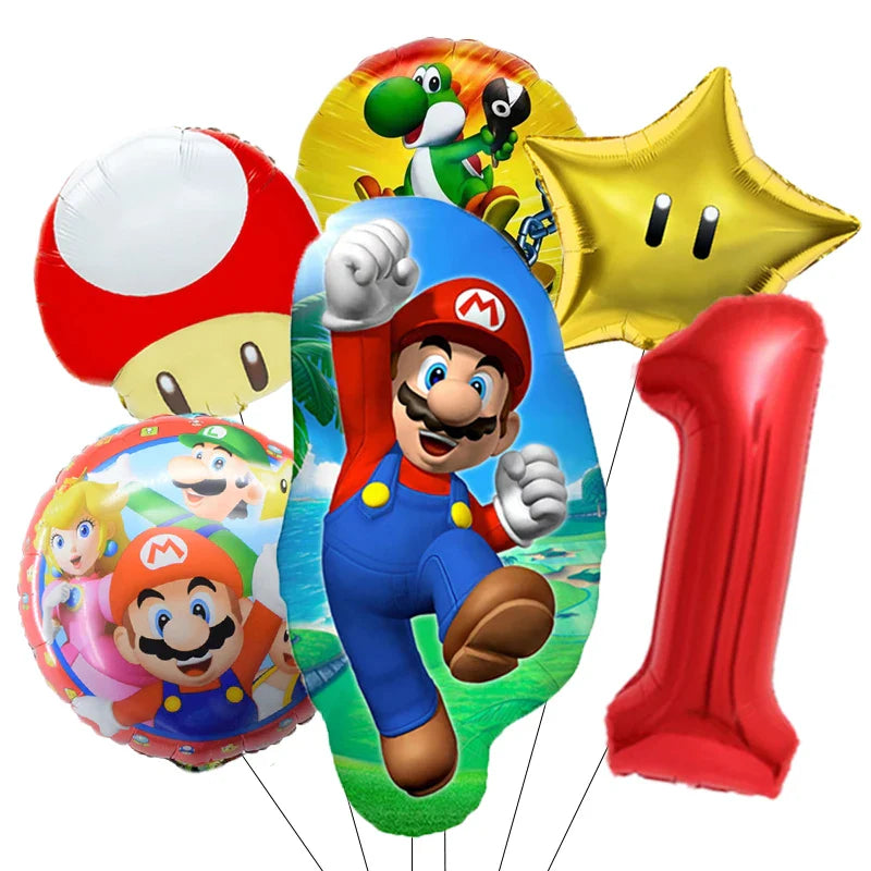 Super Mario Bros Birthday Ballons 6pcs Set Anime Aluminum Kids Foil Balloon Ornament Number Balloons Party Decoration Props Gift