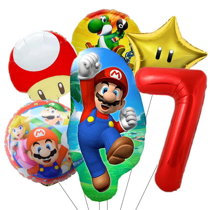 Super Mario Bros Birthday Ballons 6pcs Set Anime Aluminum Kids Foil Balloon Ornament Number Balloons Party Decoration Props Gift