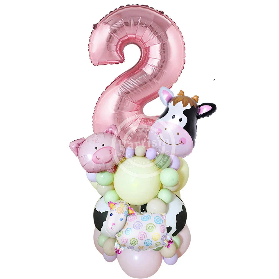 27PCS Carton Farm Animal Balloon Tower 32inch Foil Number Balloon Girl's Farm Animal Birthday Party Supply DIY Party Decoration