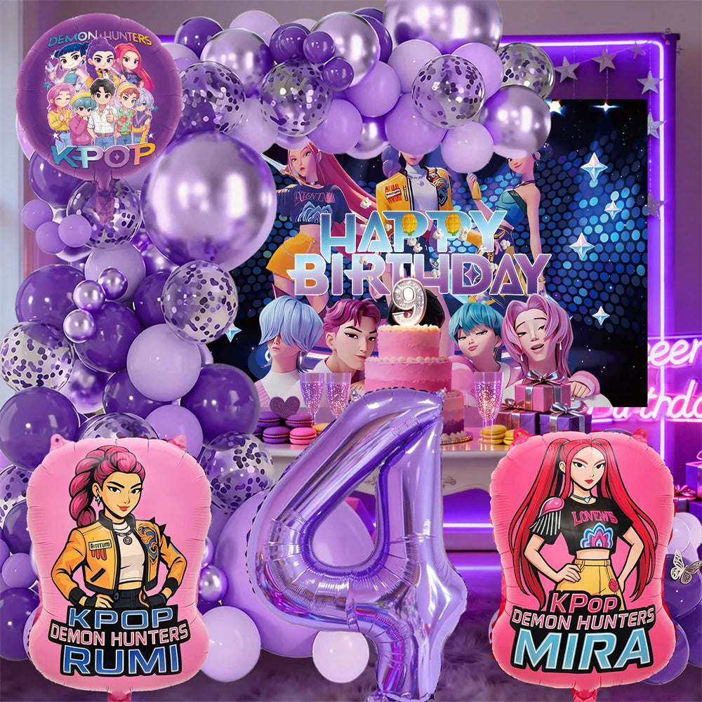 K-Pop Birthday Party Decorations, Purple Pink Balloon Garland Kit with Foil Balloons & Happy Birthday Backdrop for Girls Party