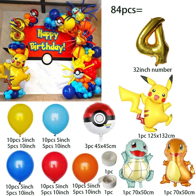84pcs Pikachu Party Balloons Garland Arch Kit Pokemon Theme Birthday Party Decor Supplies Pikachu Squirtle Bulbasaur Pocket Ball