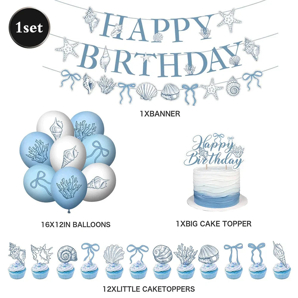 Elegant Ocean Mermaid Birthday Party Decorations Blue Bow Starfish Shell Coral Garland Banner Cake Topper Balloons Baby Shower