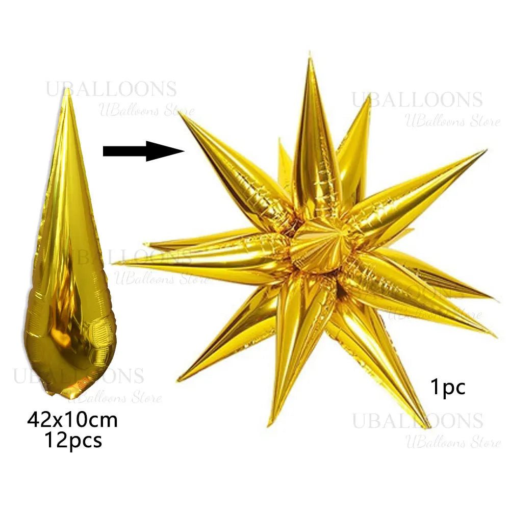12 Point Metal Starburst Balloons Metallic Silver Gold Explosion Star Foil Balloons for Birthday Wedding Christmas Party Decor