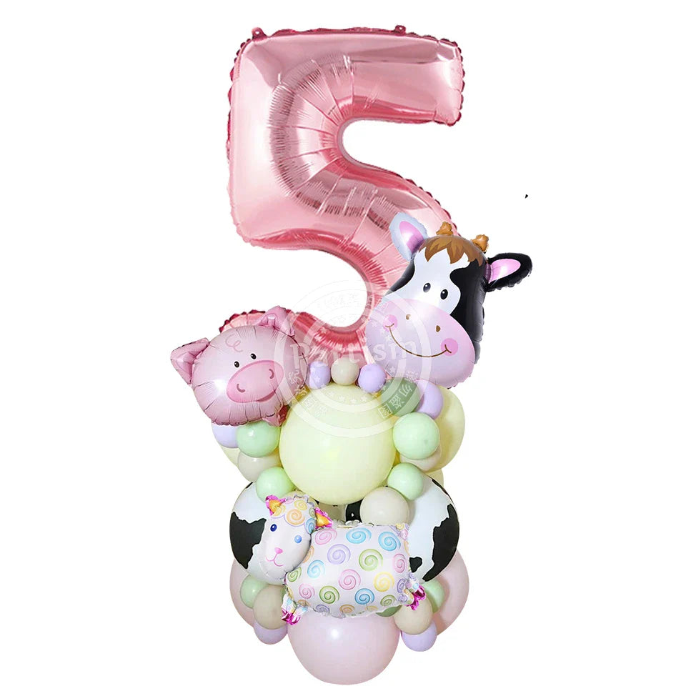 27PCS Carton Farm Animal Balloon Tower 32inch Foil Number Balloon Girl's Farm Animal Birthday Party Supply DIY Party Decoration