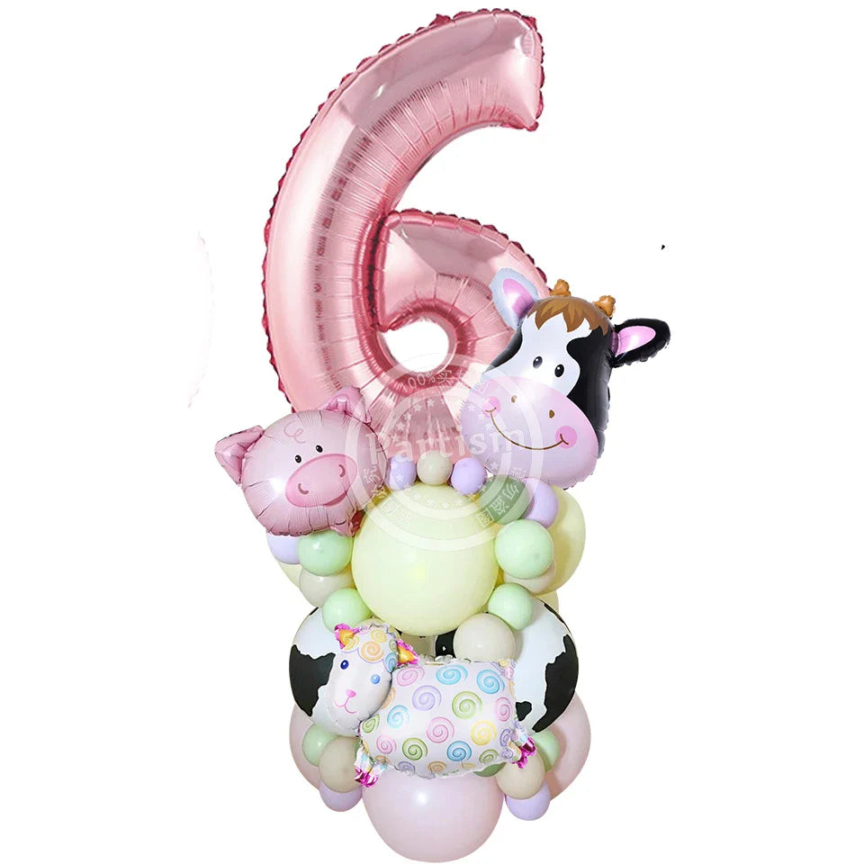 27PCS Carton Farm Animal Balloon Tower 32inch Foil Number Balloon Girl's Farm Animal Birthday Party Supply DIY Party Decoration