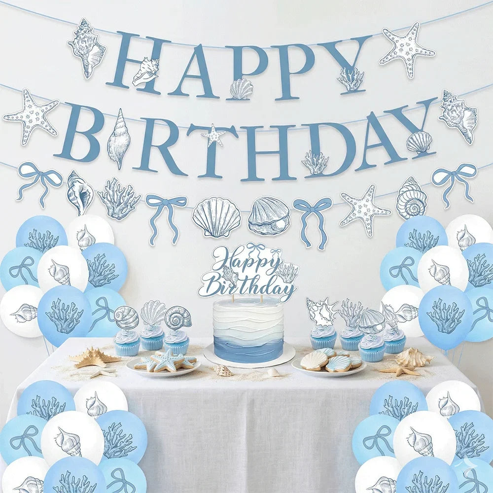 Elegant Ocean Mermaid Birthday Party Decorations Blue Bow Starfish Shell Coral Garland Banner Cake Topper Balloons Baby Shower