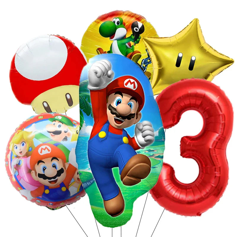 Super Mario Bros Birthday Ballons 6pcs Set Anime Aluminum Kids Foil Balloon Ornament Number Balloons Party Decoration Props Gift