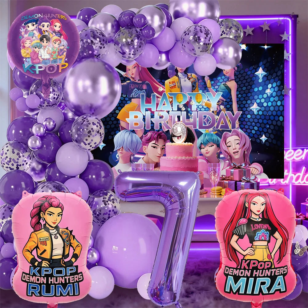 K-Pop Birthday Party Decorations, Purple Pink Balloon Garland Kit with Foil Balloons & Happy Birthday Backdrop for Girls Party