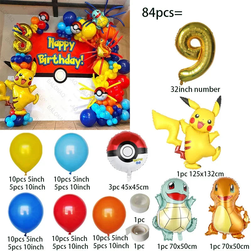 84pcs Pikachu Party Balloons Garland Arch Kit Pokemon Theme Birthday Party Decor Supplies Pikachu Squirtle Bulbasaur Pocket Ball