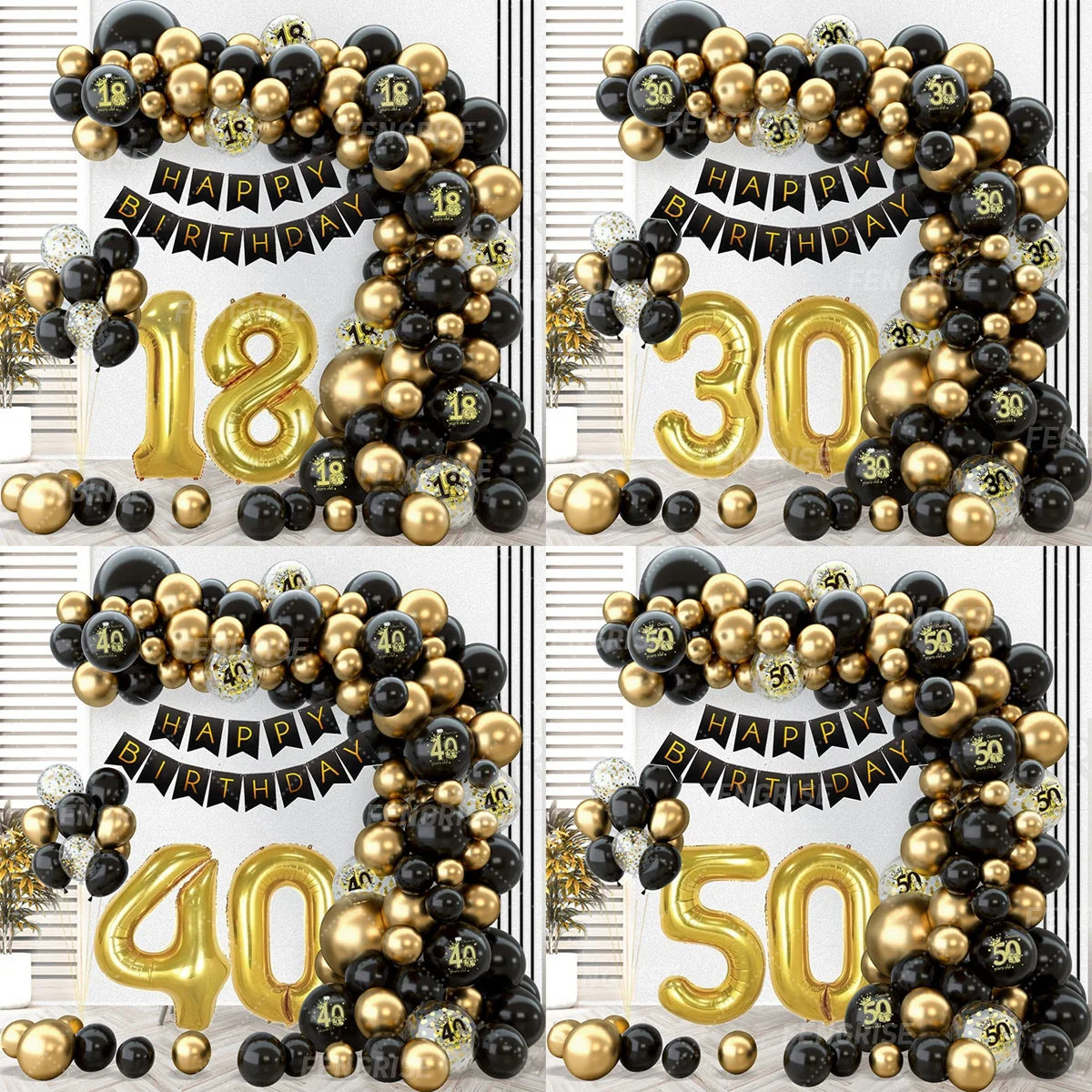 Black Gold Balloon Garland Arch Kit Happy 18 30 40 50 Year Old Birthday Party Decor Adults Anniversary Confetti Latex Balloon