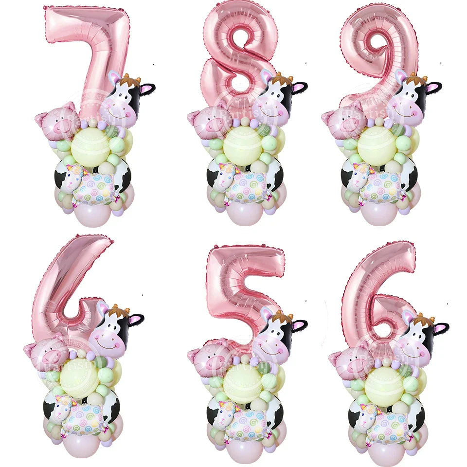 27PCS Carton Farm Animal Balloon Tower 32inch Foil Number Balloon Girl's Farm Animal Birthday Party Supply DIY Party Decoration
