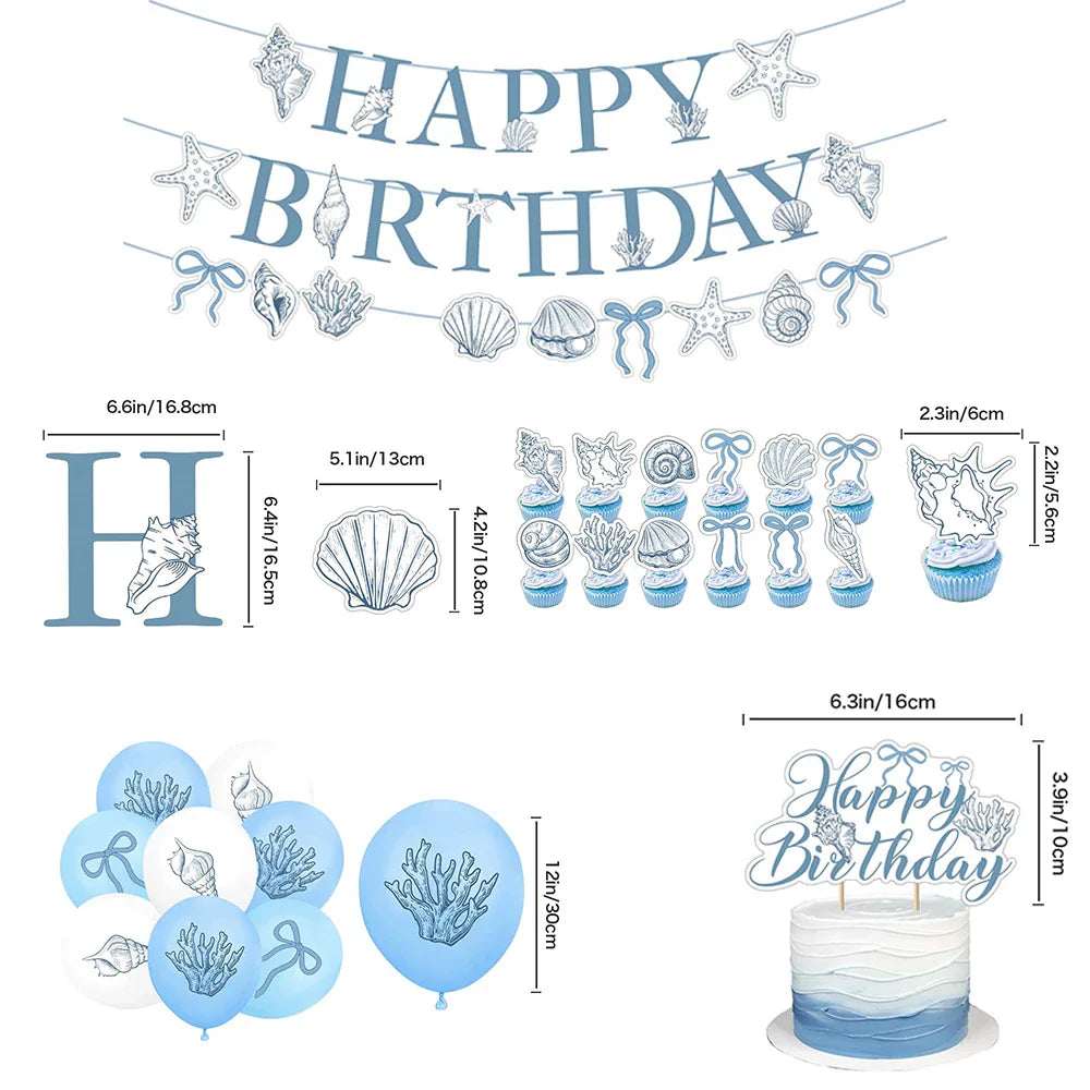Elegant Ocean Mermaid Birthday Party Decorations Blue Bow Starfish Shell Coral Garland Banner Cake Topper Balloons Baby Shower