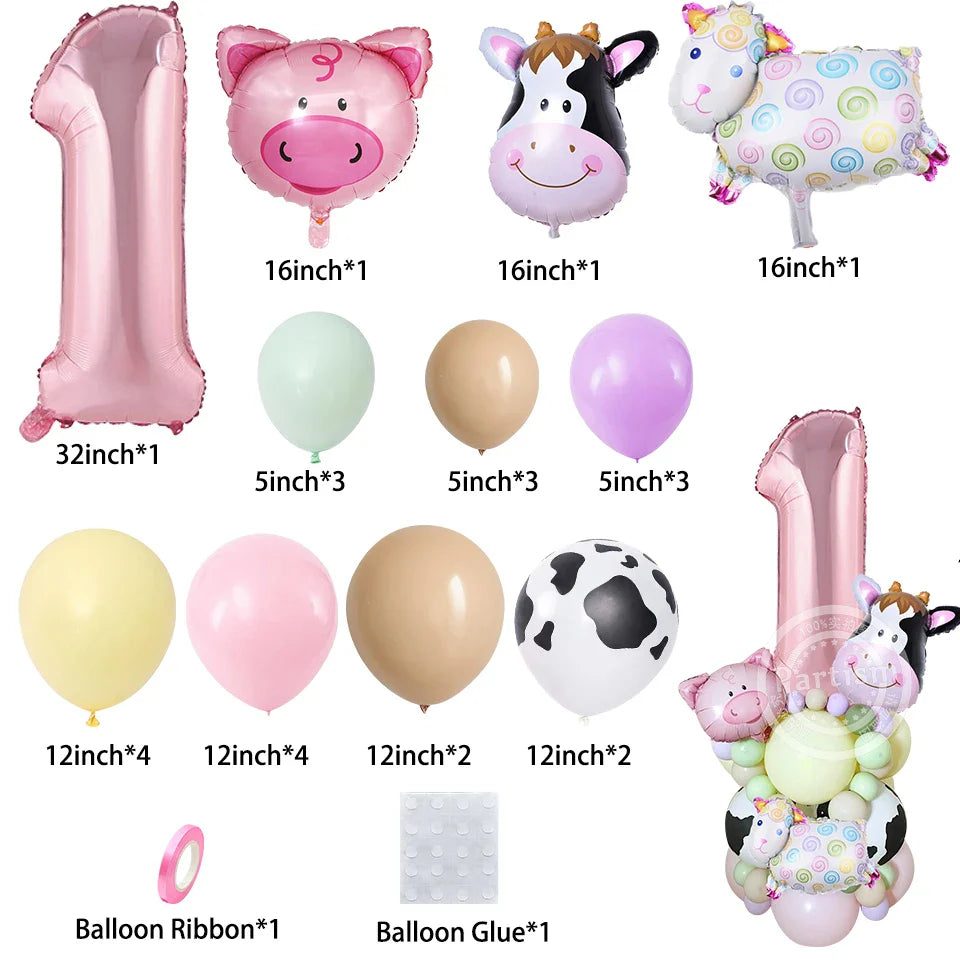 27PCS Carton Farm Animal Balloon Tower 32inch Foil Number Balloon Girl's Farm Animal Birthday Party Supply DIY Party Decoration