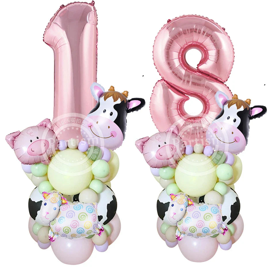 27PCS Carton Farm Animal Balloon Tower 32inch Foil Number Balloon Girl's Farm Animal Birthday Party Supply DIY Party Decoration