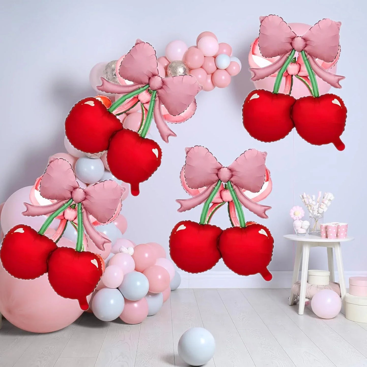 2PCS Pink Bow Red Cherry Balloons - "She's The Cherry On Top" Party Decor, Berry 1st Birthday, Girl/Women Summer Fruit Theme