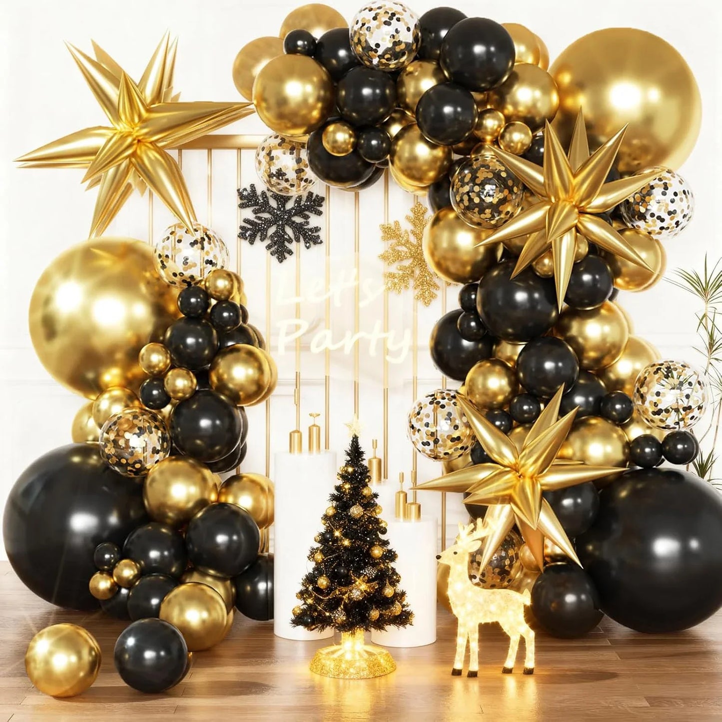 134pcs black and gold with gold confetti balloon garland arch set, suitable for birthday, Christmas, and New Year decorations