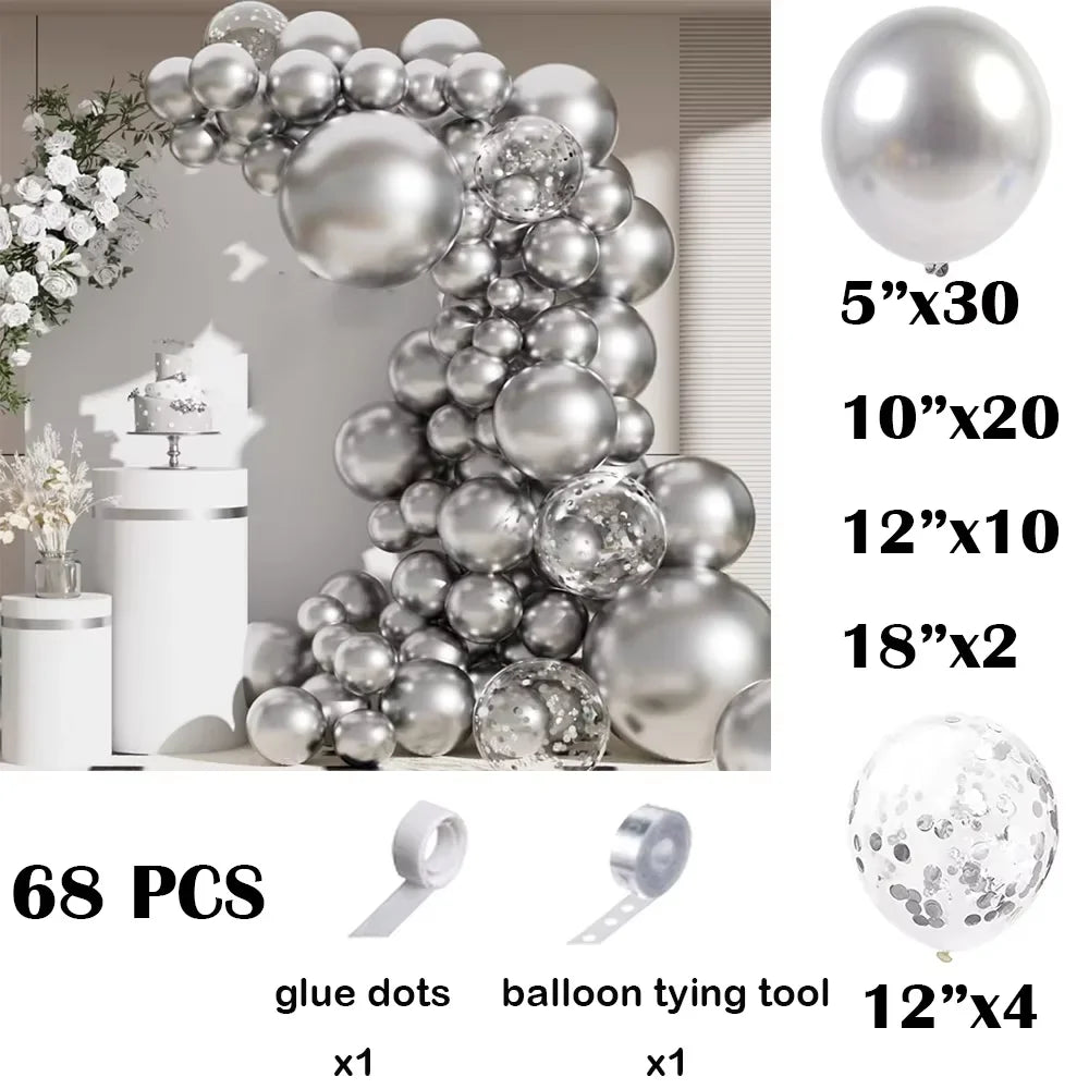 68Pcs Metallic Silver Balloons Garland Arch Kit Chrome Silver Confetti Latex Ballon Graduation Wedding Birthday Party Decoration