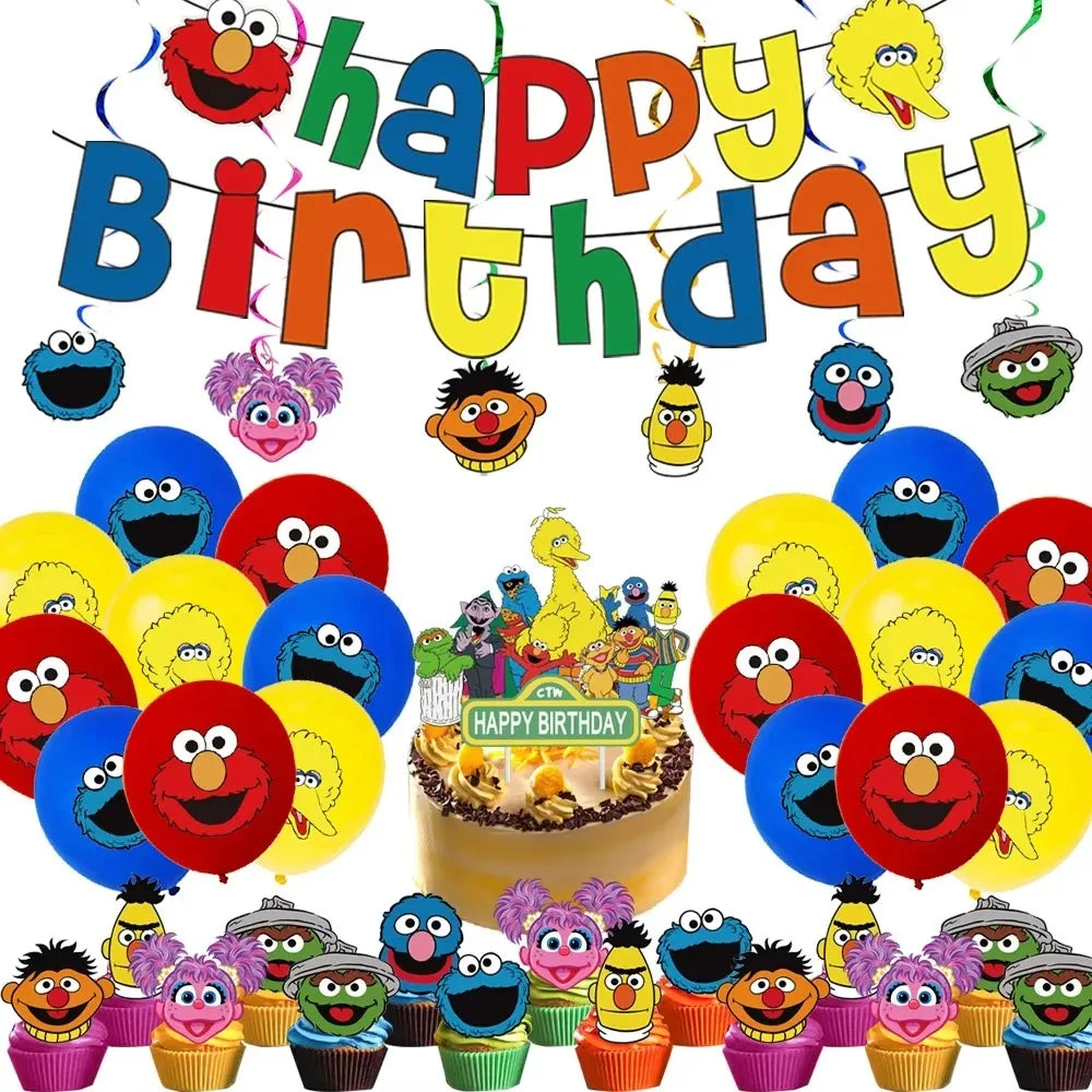 Cute S&Sesames Street Birthday Party Decorations Moster Theme Tableware Cake Topper Balloon Party Favors Kids Baby Shower Decor