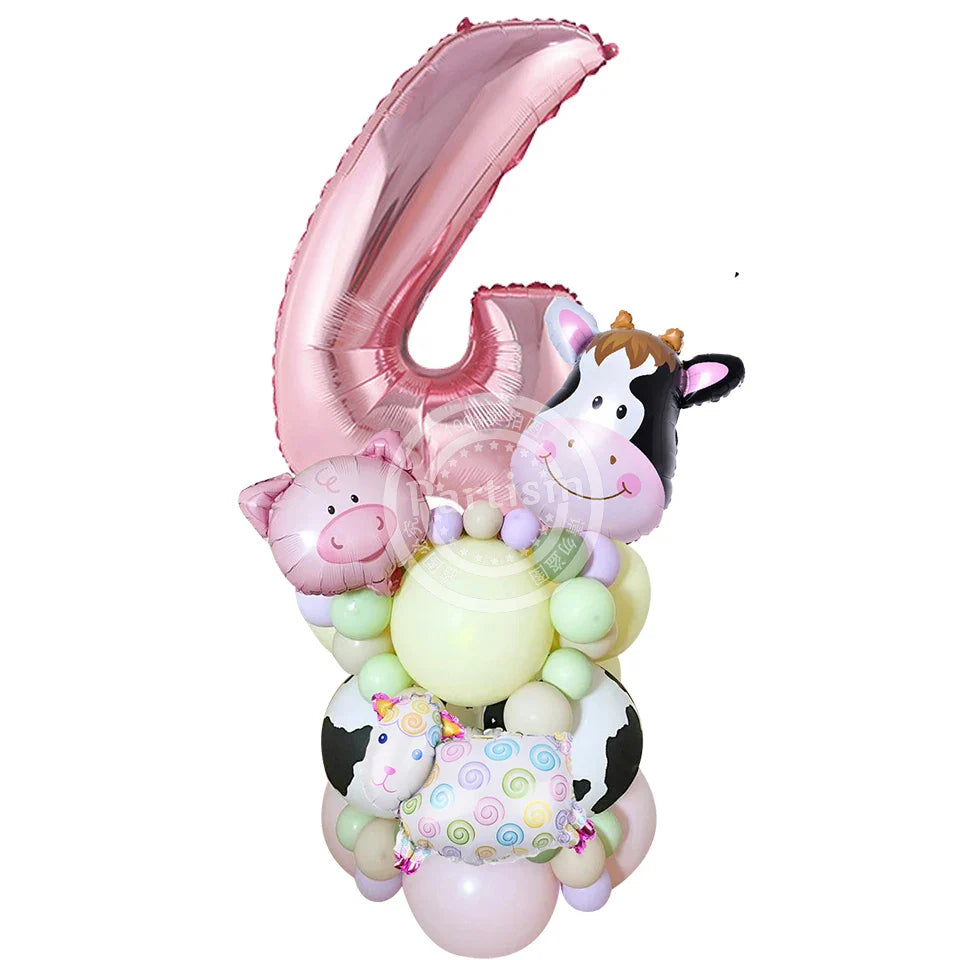27PCS Carton Farm Animal Balloon Tower 32inch Foil Number Balloon Girl's Farm Animal Birthday Party Supply DIY Party Decoration