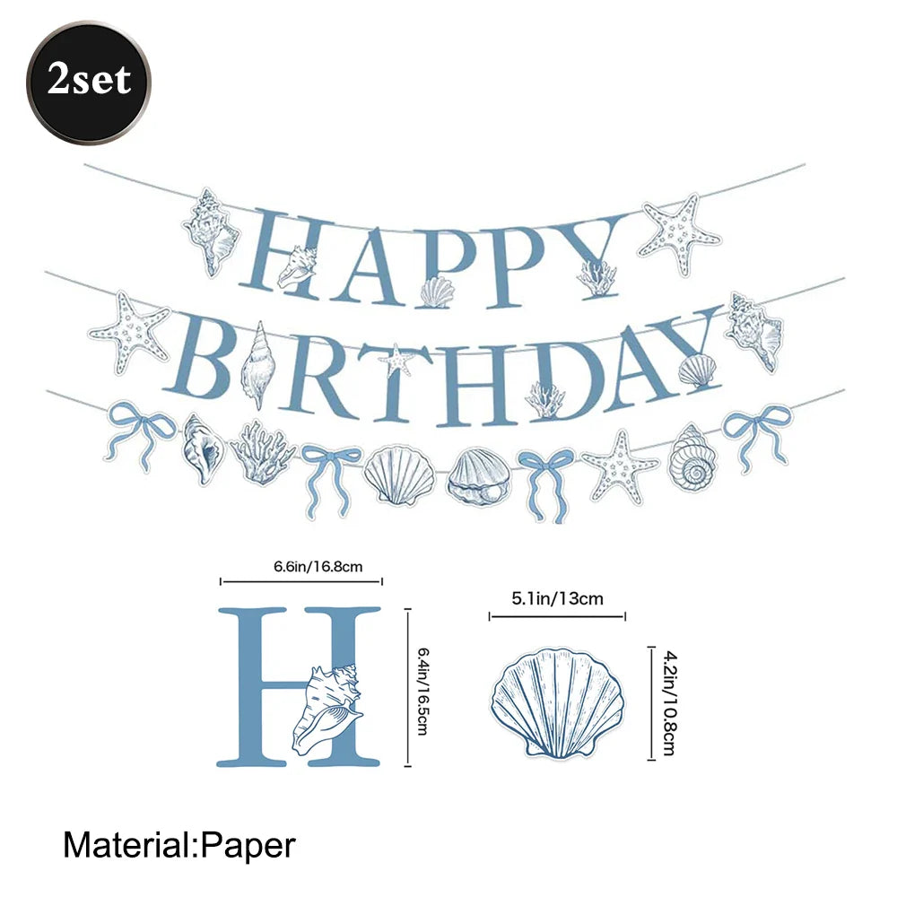 Elegant Ocean Mermaid Birthday Party Decorations Blue Bow Starfish Shell Coral Garland Banner Cake Topper Balloons Baby Shower