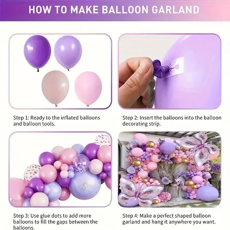 [Butterfly Theme Balloon Garland] 172-Piece Purple Butterfly Theme Balloon Garland Kit - Maca Purple and Pink with Gold Balloons, Suitable for Birthday, Mother's Day, Anniversary, and Spring Wedding Decorations